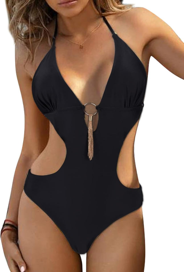 heekpek One Piece Swimsuit Women's V-Neck Sexy Halterneck Bikini Cut Out Triangle Swimwear Women
