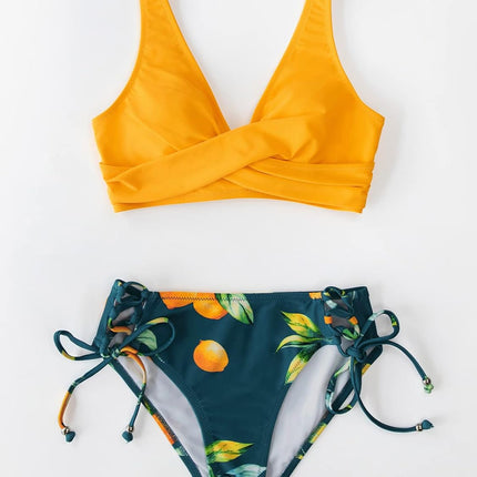 Cupshe Women’s Bikini Set, Wrap Look, Lace-Up Bikini Swimwear, V-Neck, Floral Pattern, Two-Piece Swimsuit