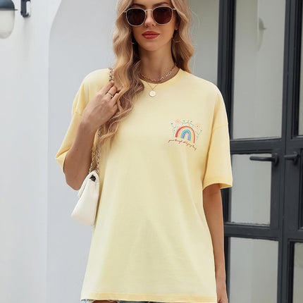 heekpek Oversize T-Shirt Women's Cotton Crew Neck Short Sleeve T-Shirt Loose Breathable Summer Tops Casual Basic T-Shirt for Teenage Girls with Rainbow and Floral Print