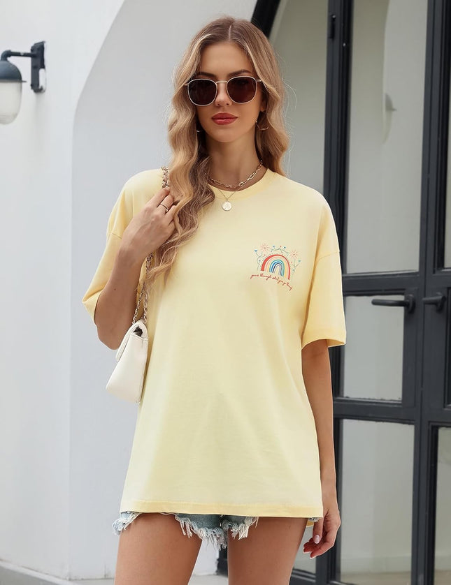 heekpek Oversize T-Shirt Women's Cotton Crew Neck Short Sleeve T-Shirt Loose Breathable Summer Tops Casual Basic T-Shirt for Teenage Girls with Rainbow and Floral Print