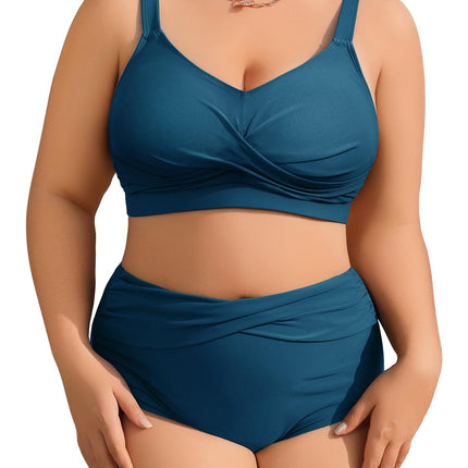 heekpek Women's Bikini Set Tummy Control Swimsuit Large Sizes Two Piece Women's Summer Swimwear V-Neck High Waist Bikini Plus Size Women