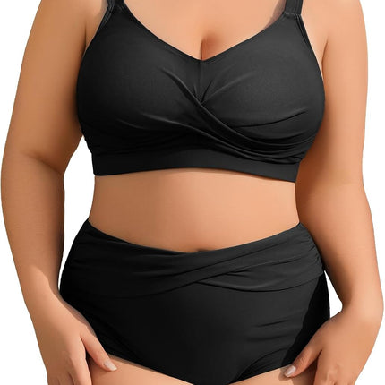 heekpek Women's Bikini Set Tummy Control Swimsuit Large Sizes Two Piece Women's Summer Swimwear V-Neck High Waist Bikini Plus Size Women