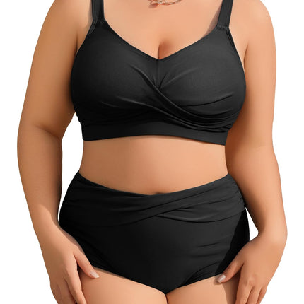 heekpek Women's Bikini Set Tummy Control Swimsuit Large Sizes Two Piece Women's Summer Swimwear V-Neck High Waist Bikini Plus Size Women