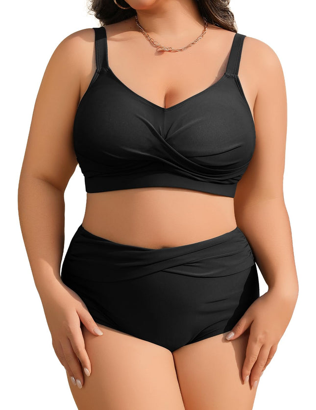 heekpek Women's Bikini Set Tummy Control Swimsuit Large Sizes Two Piece Women's Summer Swimwear V-Neck High Waist Bikini Plus Size Women