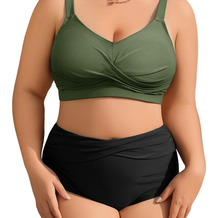 heekpek Women's Bikini Set Tummy Control Swimsuit Large Sizes Two Piece Women's Summer Swimwear V-Neck High Waist Bikini Plus Size Women