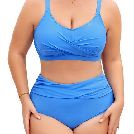 heekpek Women's Bikini Set Tummy Control Swimsuit Large Sizes Two Piece Women's Summer Swimwear V-Neck High Waist Bikini Plus Size Women