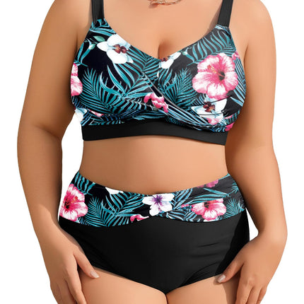 heekpek Women's Bikini Set Tummy Control Swimsuit Large Sizes Two Piece Women's Summer Swimwear V-Neck High Waist Bikini Plus Size Women