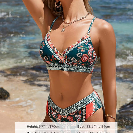Cupshe Women's Bikini Set High Waist Wrap Look V Neck Swimsuit | Boho floral pattern, comfortable fit, secure hold, for beach and pool