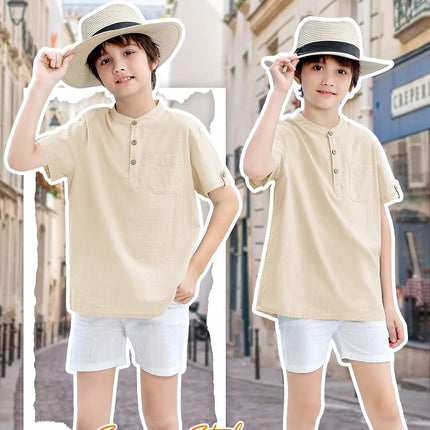 heekpek Henley Boys' Short-Sleeved Shirt Button Up Summer Cotton Children's Shirt T-Shirt with Chest Pocket