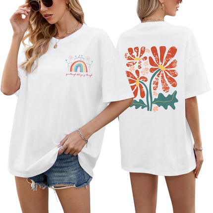 heekpek Oversize T-Shirt Women's Cotton Crew Neck Short Sleeve T-Shirt Loose Breathable Summer Tops Casual Basic T-Shirt for Teenage Girls with Rainbow and Floral Print