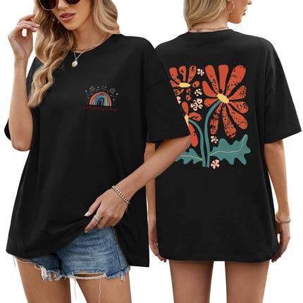 heekpek Oversize T-Shirt Women's Cotton Crew Neck Short Sleeve T-Shirt Loose Breathable Summer Tops Casual Basic T-Shirt for Teenage Girls with Rainbow and Floral Print