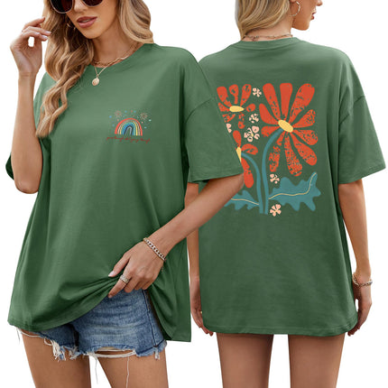 heekpek Oversize T-Shirt Women's Cotton Crew Neck Short Sleeve T-Shirt Loose Breathable Summer Tops Casual Basic T-Shirt for Teenage Girls with Rainbow and Floral Print