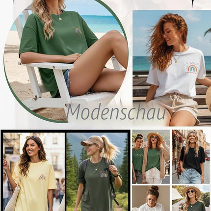heekpek Oversize T-Shirt Women's Cotton Crew Neck Short Sleeve T-Shirt Loose Breathable Summer Tops Casual Basic T-Shirt for Teenage Girls with Rainbow and Floral Print