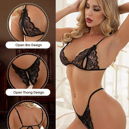 Heekpek Bra Women's Lace Lingerie Sexy Underwear Lingerie Lace Adjustable Thong Set