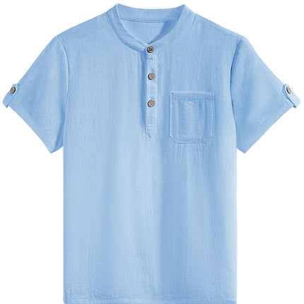 heekpek Henley Boys' Short-Sleeved Shirt Button Up Summer Cotton Children's Shirt T-Shirt with Chest Pocket