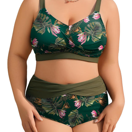 heekpek Women's Bikini Set Tummy Control Swimsuit Large Sizes Two Piece Women's Summer Swimwear V-Neck High Waist Bikini Plus Size Women