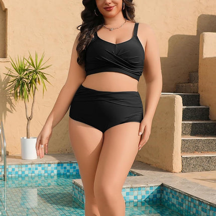 heekpek Women's Bikini Set Tummy Control Swimsuit Large Sizes Two Piece Women's Summer Swimwear V-Neck High Waist Bikini Plus Size Women