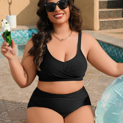 heekpek Women's Bikini Set Tummy Control Swimsuit Large Sizes Two Piece Women's Summer Swimwear V-Neck High Waist Bikini Plus Size Women