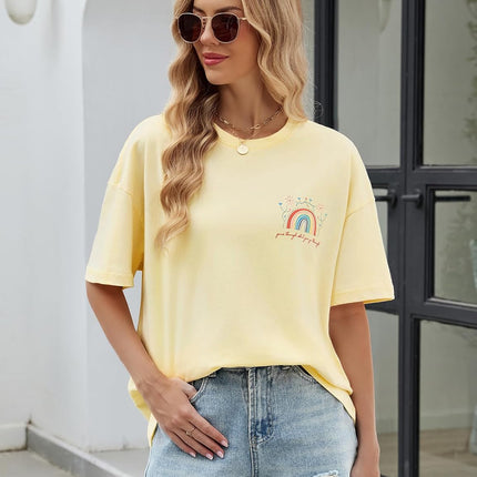 heekpek Oversize T-Shirt Women's Cotton Crew Neck Short Sleeve T-Shirt Loose Breathable Summer Tops Casual Basic T-Shirt for Teenage Girls with Rainbow and Floral Print