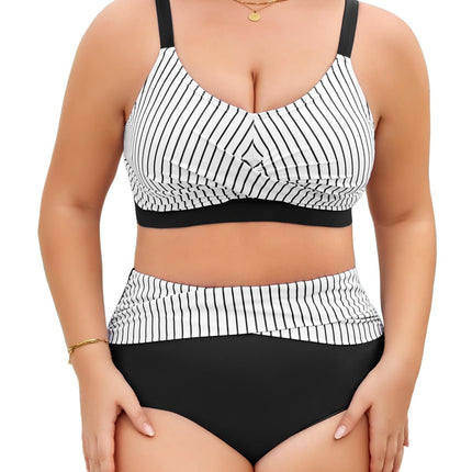 heekpek Women's Bikini Set Tummy Control Swimsuit Large Sizes Two Piece Women's Summer Swimwear V-Neck High Waist Bikini Plus Size Women
