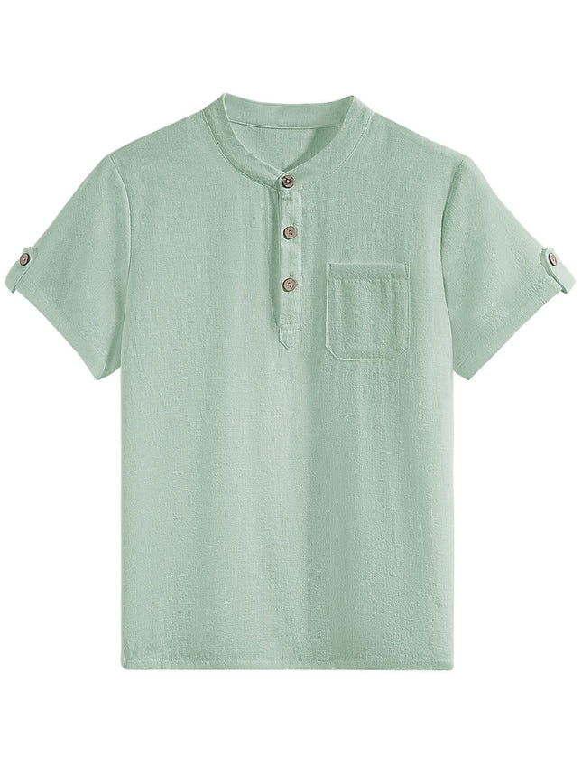 heekpek Henley Boys' Short-Sleeved Shirt Button Up Summer Cotton Children's Shirt T-Shirt with Chest Pocket