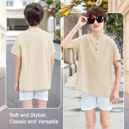 heekpek Henley Boys' Short-Sleeved Shirt Button Up Summer Cotton Children's Shirt T-Shirt with Chest Pocket