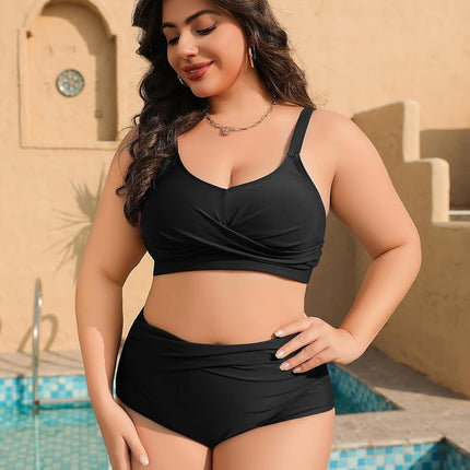 heekpek Women's Bikini Set Tummy Control Swimsuit Large Sizes Two Piece Women's Summer Swimwear V-Neck High Waist Bikini Plus Size Women