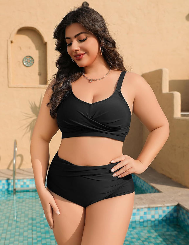heekpek Women's Bikini Set Tummy Control Swimsuit Large Sizes Two Piece Women's Summer Swimwear V-Neck High Waist Bikini Plus Size Women