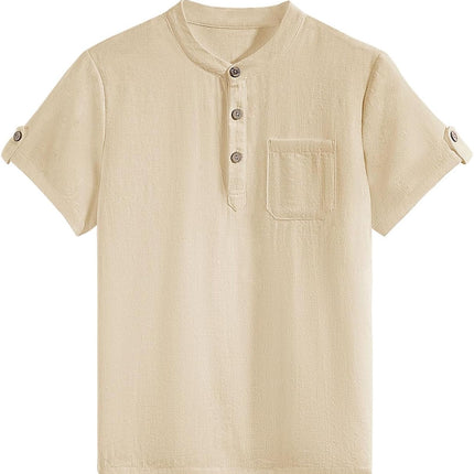 heekpek Henley Boys' Short-Sleeved Shirt Button Up Summer Cotton Children's Shirt T-Shirt with Chest Pocket