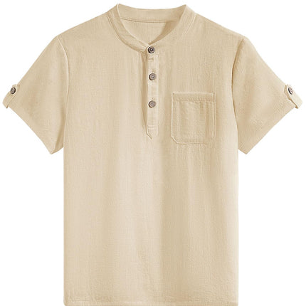 heekpek Henley Boys' Short-Sleeved Shirt Button Up Summer Cotton Children's Shirt T-Shirt with Chest Pocket