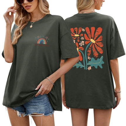 heekpek Oversize T-Shirt Women's Cotton Crew Neck Short Sleeve T-Shirt Loose Breathable Summer Tops Casual Basic T-Shirt for Teenage Girls with Rainbow and Floral Print