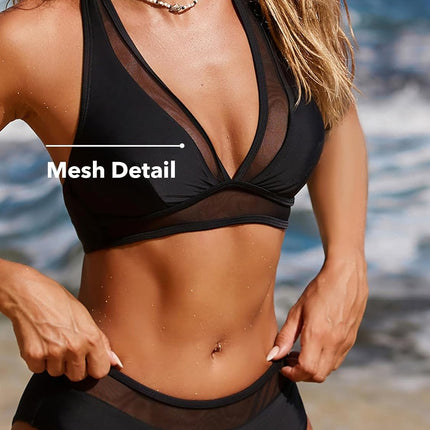 CUPSHE Women's Bikini Set V Neck Halterneck Mesh Mid Waist Two Pieces | Textured material, for beach and pool, swimwear swimsuit