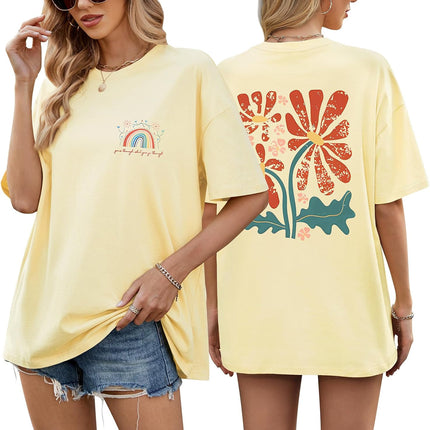 heekpek Oversize T-Shirt Women's Cotton Crew Neck Short Sleeve T-Shirt Loose Breathable Summer Tops Casual Basic T-Shirt for Teenage Girls with Rainbow and Floral Print
