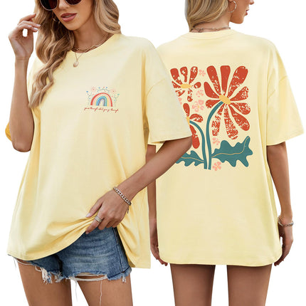 heekpek Oversize T-Shirt Women's Cotton Crew Neck Short Sleeve T-Shirt Loose Breathable Summer Tops Casual Basic T-Shirt for Teenage Girls with Rainbow and Floral Print