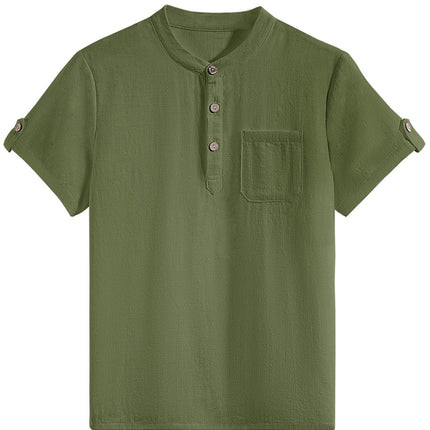 heekpek Henley Boys' Short-Sleeved Shirt Button Up Summer Cotton Children's Shirt T-Shirt with Chest Pocket