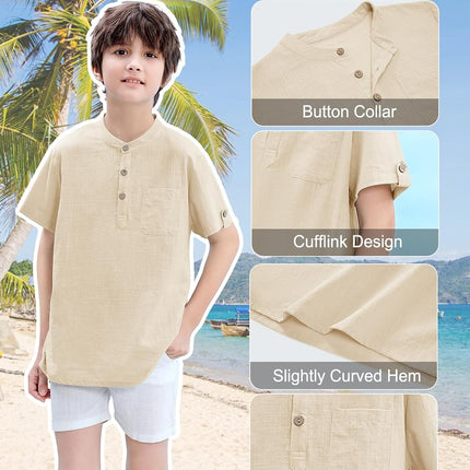 heekpek Henley Boys' Short-Sleeved Shirt Button Up Summer Cotton Children's Shirt T-Shirt with Chest Pocket