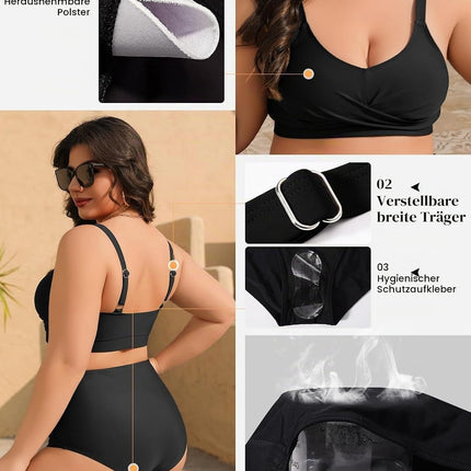 heekpek Women's Bikini Set Tummy Control Swimsuit Large Sizes Two Piece Women's Summer Swimwear V-Neck High Waist Bikini Plus Size Women