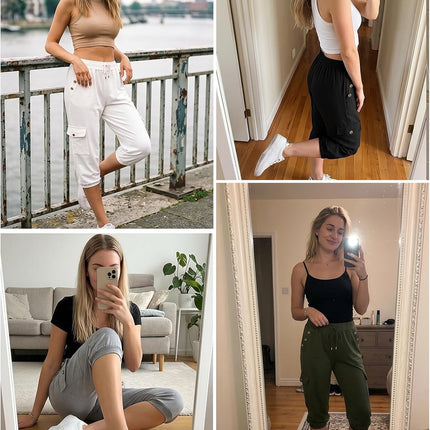 TOMEEK Capri Trousers Women's Jogging Bottoms 3/4 Sports Trousers Summer Leisure Trousers Sweatpants Shorts Plain Baggy Drawstring Waist Yoga Trousers Training Trousers with Side Pockets