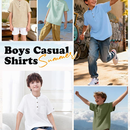 heekpek Henley Boys' Short-Sleeved Shirt Button Up Summer Cotton Children's Shirt T-Shirt with Chest Pocket