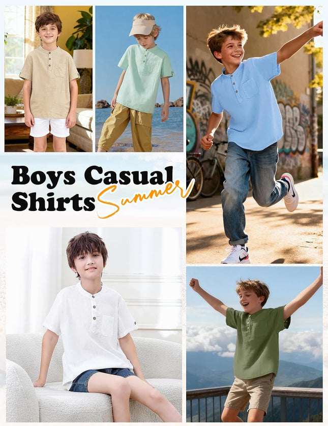heekpek Henley Boys' Short-Sleeved Shirt Button Up Summer Cotton Children's Shirt T-Shirt with Chest Pocket