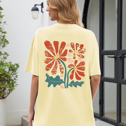 heekpek Oversize T-Shirt Women's Cotton Crew Neck Short Sleeve T-Shirt Loose Breathable Summer Tops Casual Basic T-Shirt for Teenage Girls with Rainbow and Floral Print
