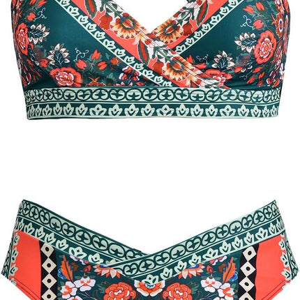 Cupshe Women's Bikini Set High Waist Wrap Look V Neck Swimsuit | Boho floral pattern, comfortable fit, secure hold, for beach and pool