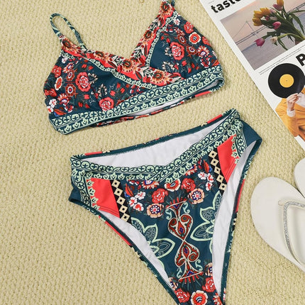 Cupshe Women's Bikini Set High Waist Wrap Look V Neck Swimsuit | Boho floral pattern, comfortable fit, secure hold, for beach and pool